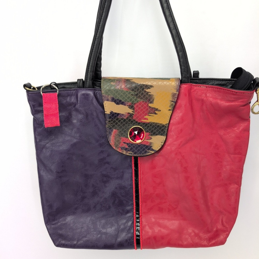 Vintage Tote Bag Purple Red Leather Colorblock Snakeskin Print Gemstone USA Made